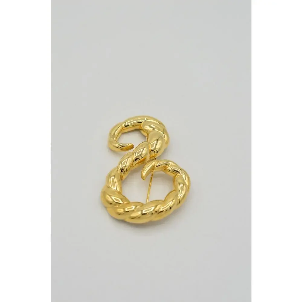 Vintage Rope Pin Brooch Gold Tone Metal Twisted Chunky Abstract 1980s 9B